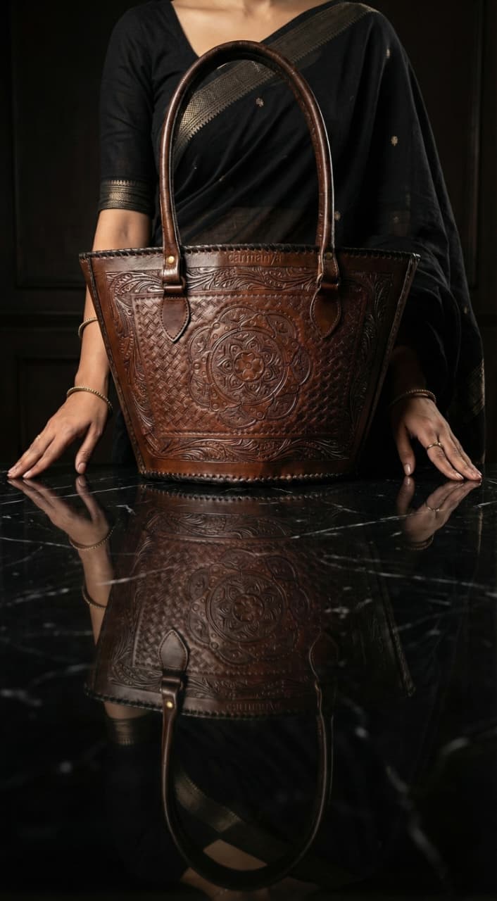 Brown leather handbag with embossed design on a reflective black surface.